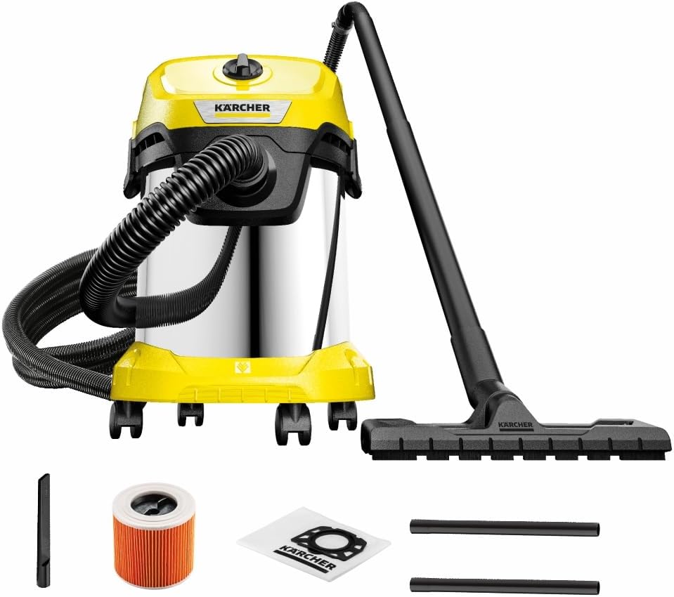 KÄRCHER Aspirateur Eau et Poussières WD 3 S V-17/4/20, Filtre Cartouche, Sachet Ouate, 1000 W, Cuve en Acier Inoxydable : 17 l, Tube d'Aspiration : 2 m, Fonction Soufflerie, Suceur Sol/Fentes - gobonplan