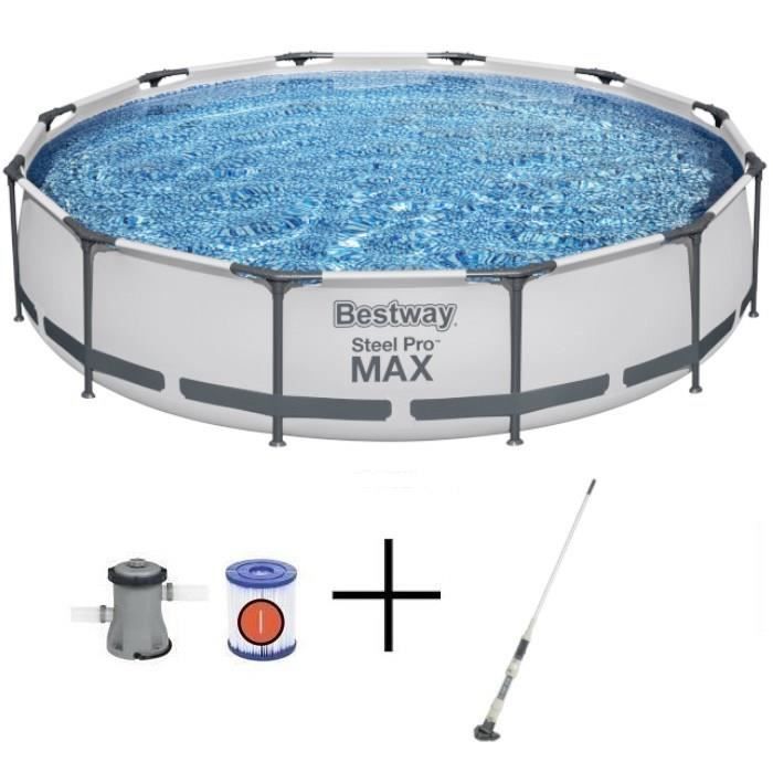 Kit Piscine hors sol tubulaire BESTWAY - Steel Pro Max™ - 366 x 76 cm - Ronde + Balai aspirateur électrique Aquascan - homidiscount