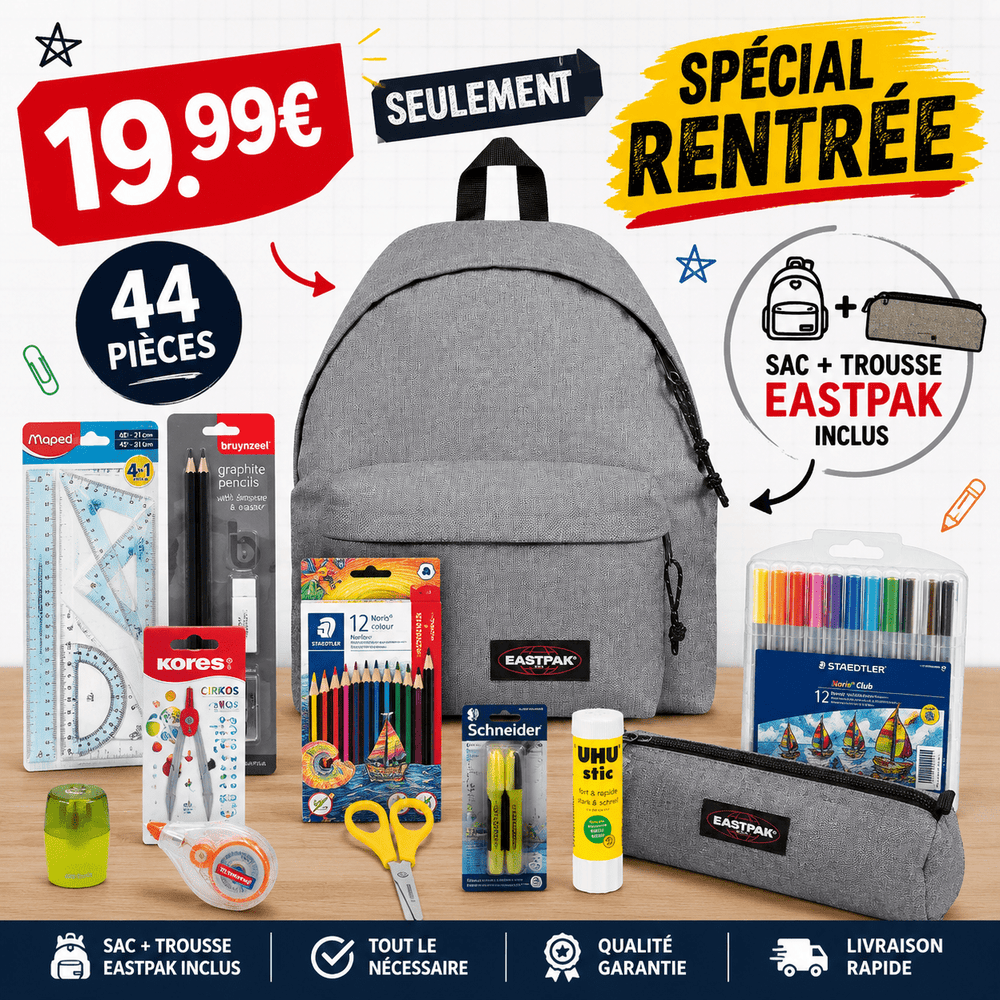 Pack Fournitures Scolaires + Sac & Trousse Eastpak (Gris) - gobonplan