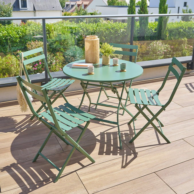 Ensemble table de jardin ronde + 4 chaises empilables GREENSBORO Vert Olive