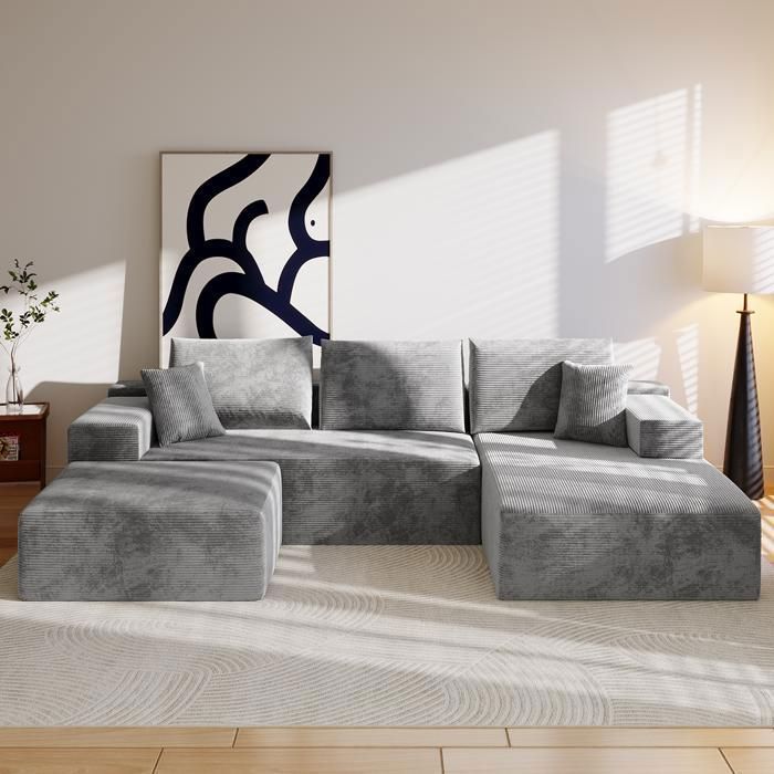 Canapé d'angle Convertible 4 places en U,274L x 175P x 64H cm,avec Fonction Lit,Canapé modulable avec 5 coussins,pour Salon,Gris