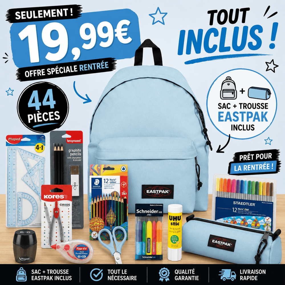 Pack Fournitures Scolaires + Sac & Trousse Eastpak (Bleu) - gobonplan