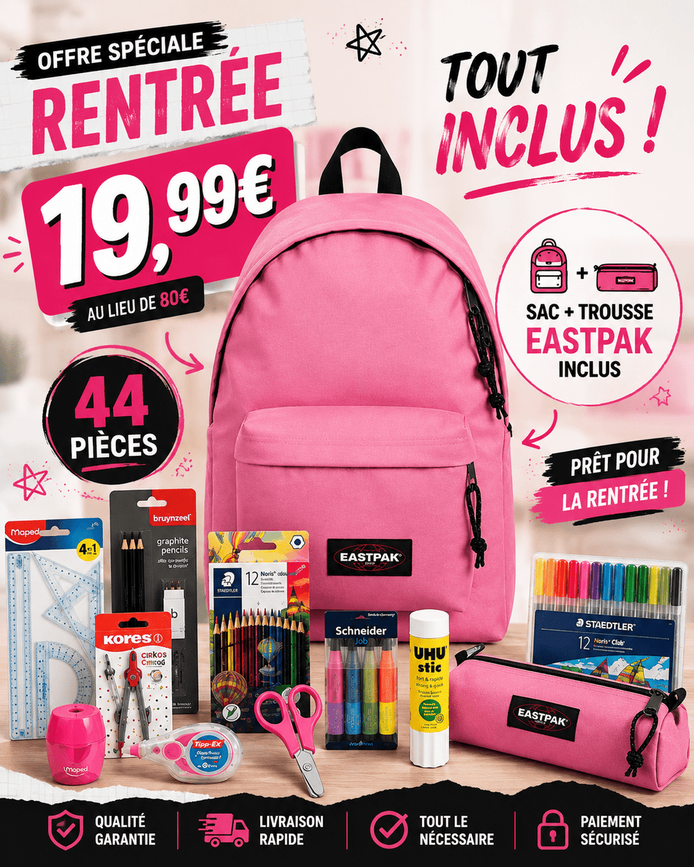 Pack Fournitures Scolaires + Sac & Trousse Eastpak (Rose) - gobonplan